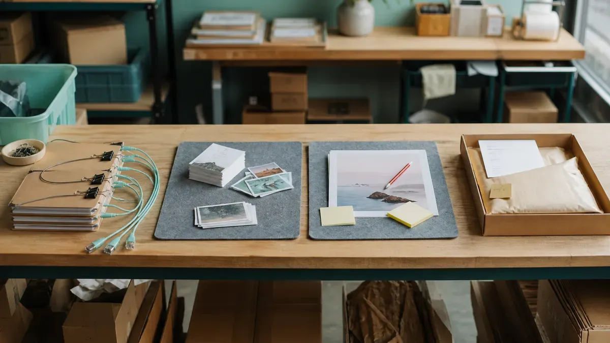 Four packing-bench stations for Connect-Curate-Correct-Convert: clipped folders with cables, curated photo stacks, correction pencil with sticky notes, and a sealed mailer ready to ship