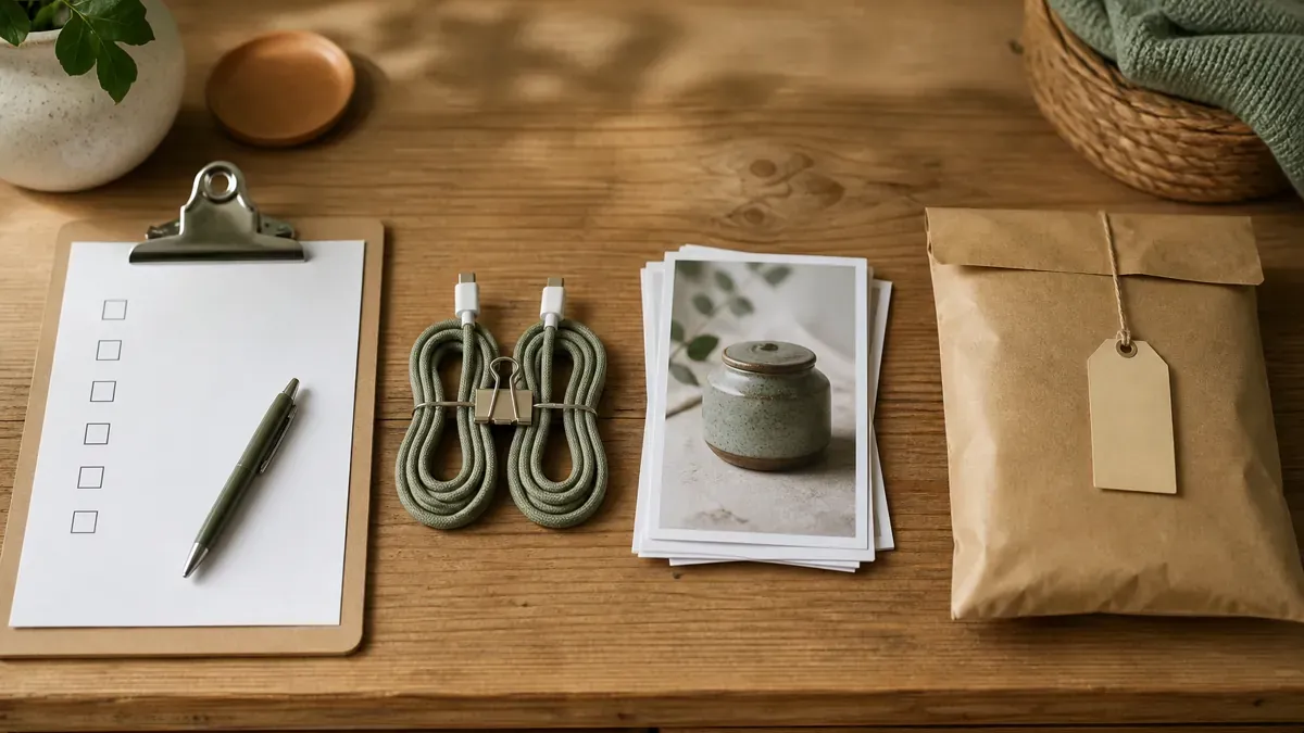 Four packing-table stations for Consent-Connect-Catalog-Campaign: clipboard and pen, clipped cables, product photo stack with a ceramic jar, and a sealed kraft mailer with a tag