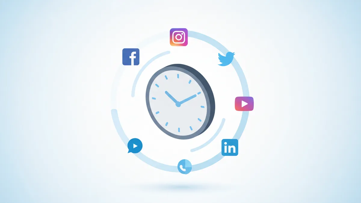 Clock with social media icons illustrating consistent social media scheduling.