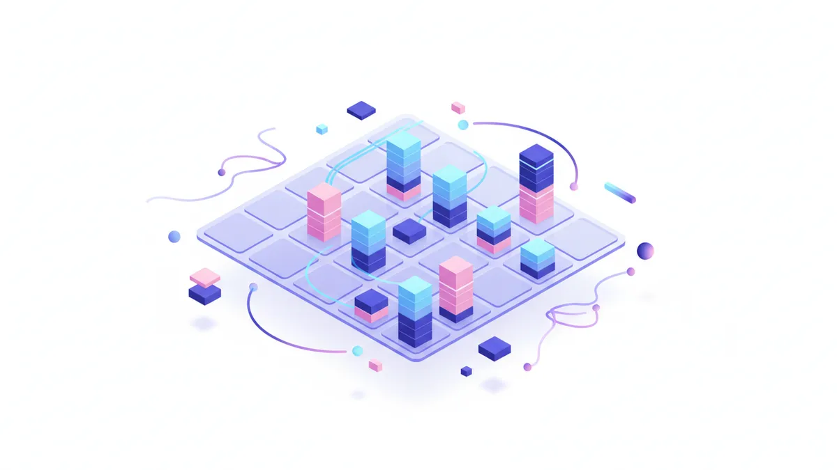 An isometric illustration of a content calendar being filled with organized content blocks.