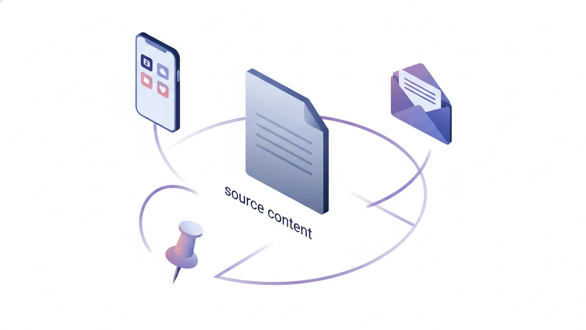 Illustration of a central blog post branching out into social media posts, emails, and pins.