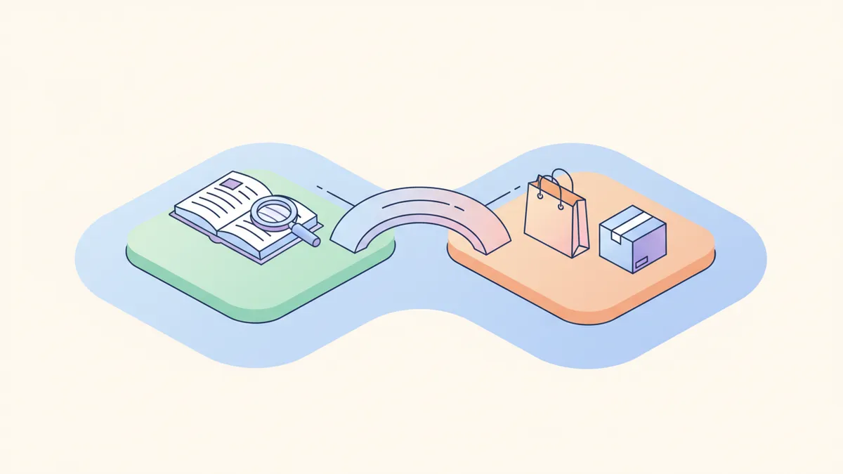 Conceptual illustration showing a bridge connecting educational content to e-commerce products.