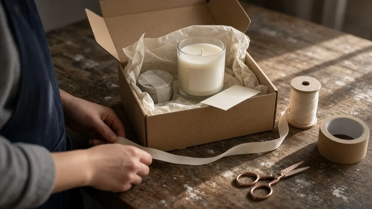 Maker's packing bench in side light: an open kraft shipping box holding a hand-poured candle with a plain label, a small wrapped sample tucked in tissue, and a blank folded thank-you card, with a spool of cotton ribbon and a roll of tape nearby