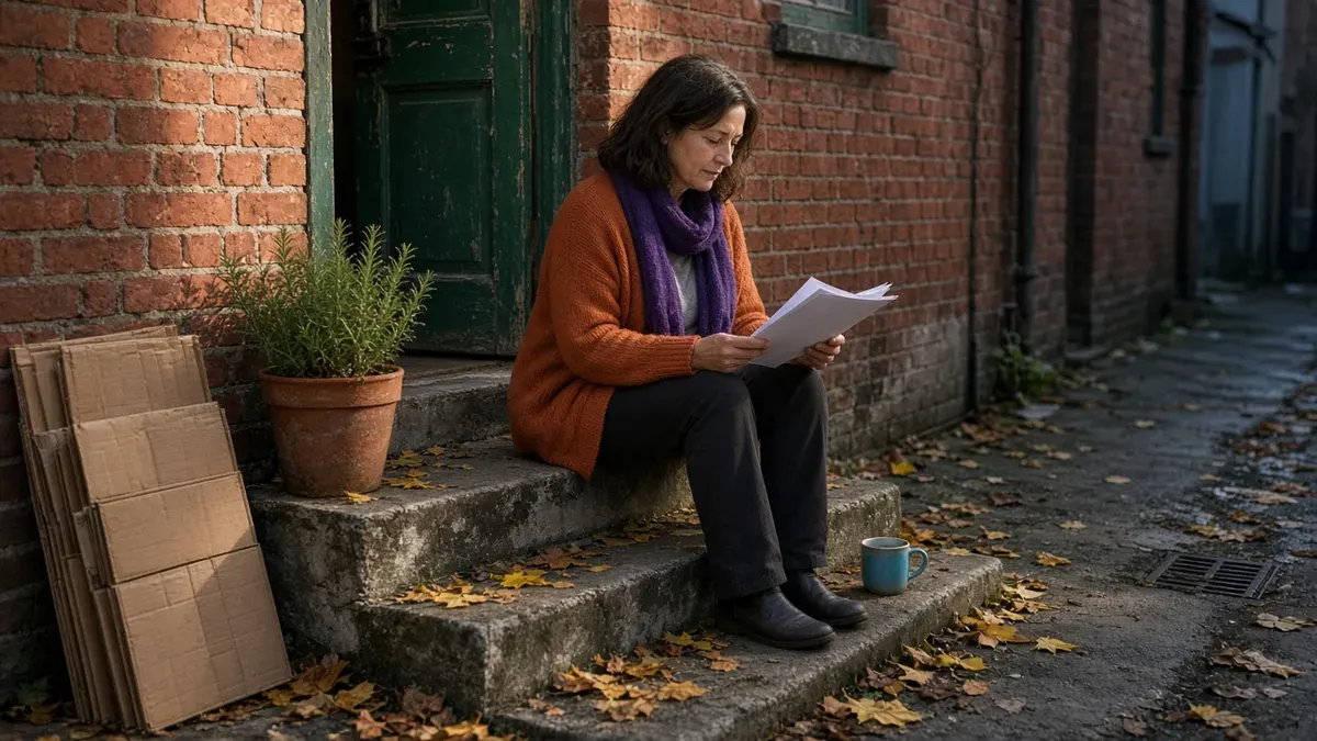 Shop owner in a rust-orange cardigan and violet scarf reading printed pages on the back steps of a brick shop on an autumn morning, with a cyan-blue mug beside her, fallen leaves, a potted rosemary plant, and flattened boxes by the green back door