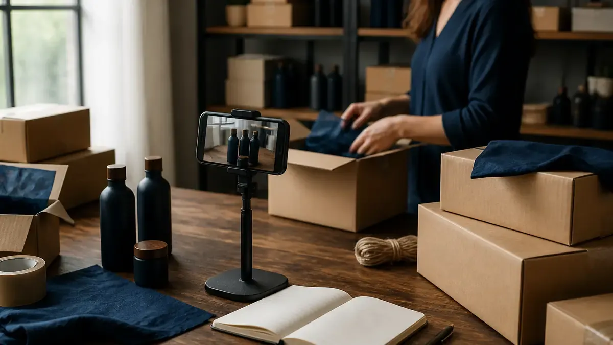 Ceramic bottles and kraft boxes on a packing table with a phone on a clamp stand filming product under soft window light