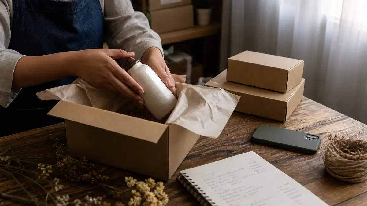 Merchant packing a ceramic bottle into a kraft box beside a notebook checklist, twine, and a phone on a wood table in soft window light