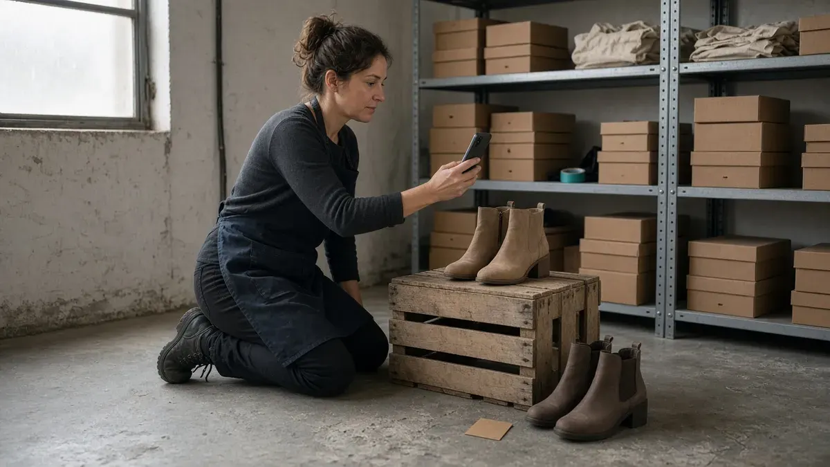 Shop owner in a dark denim apron kneeling on a concrete stockroom floor, photographing tan suede ankle boots on a wooden crate with a phone, with kraft shoe boxes stacked on metal shelving behind her