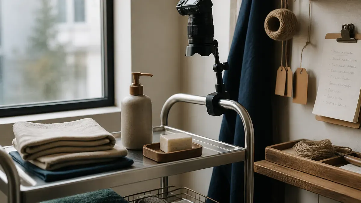 Ceramic bottle and folded towels on a steel cart with a clamp-mounted camera under soft window light in a small brand studio