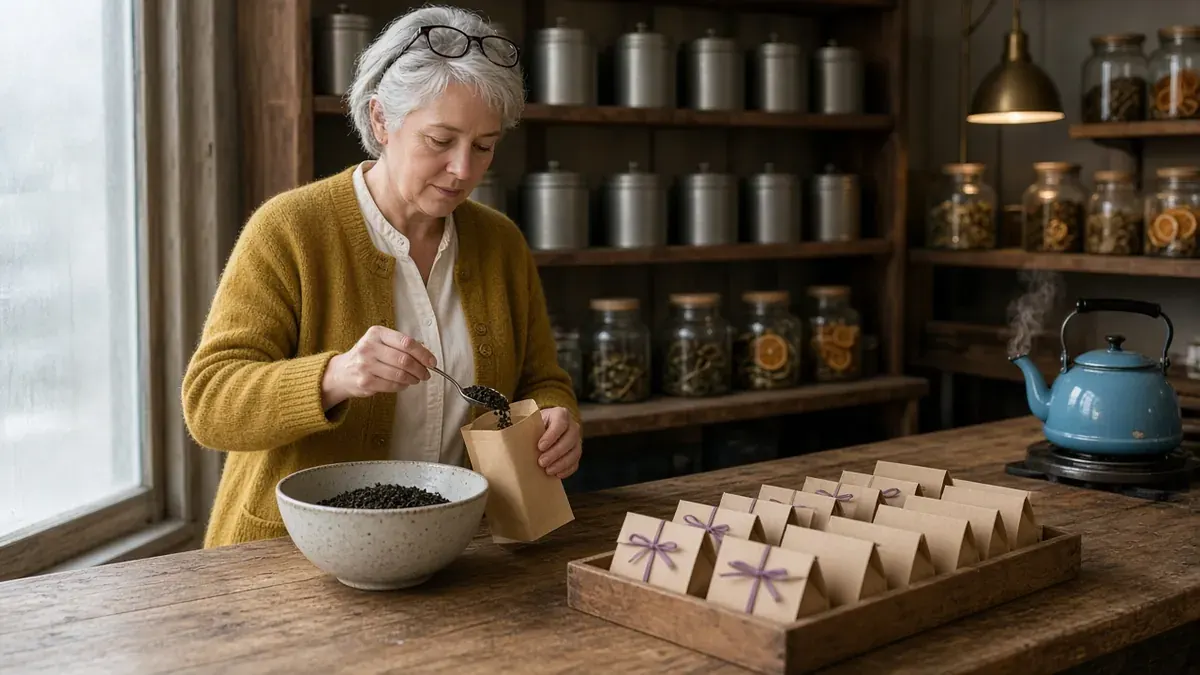 Tea shop owner with short silver hair and reading glasses pushed up on her head, wearing a mustard cardigan, spooning loose black tea into a small kraft pouch at a worn oak counter, beside a wooden tray of small kraft boxes tied with violet ribbon, with plain metal tea tins and glass jars of dried orange peel on the shelves behind her and a cyan-blue enamel kettle steaming on a hot plate