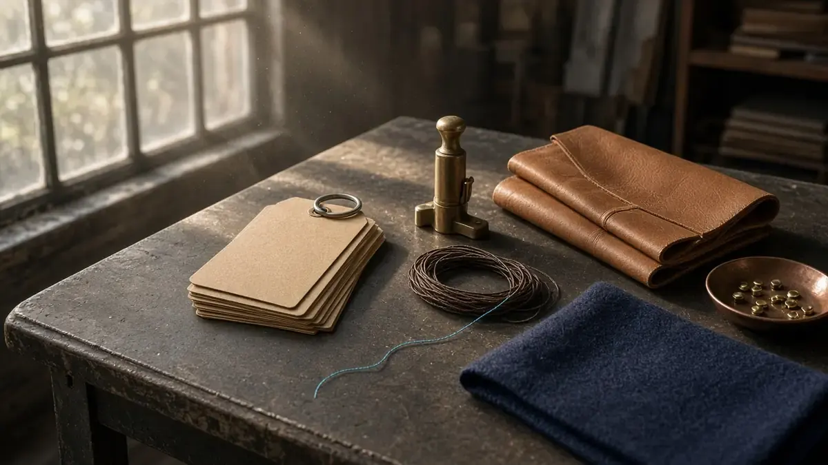 Leather atelier table with blank kraft hang tags, waxed thread, a brass punch, folded camel leather, navy wool, and a copper dish of rivets
