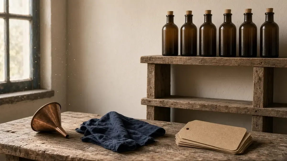 Dawn-lit soap workshop with a repeating row of unlabeled amber refill bottles, a copper funnel, and a navy linen cloth