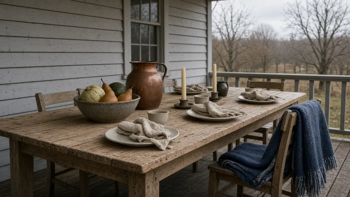 Weathered porch harvest table with stoneware, a copper pitcher, squash and pears, linen napkins, and a navy wool blanket on a wooden chair