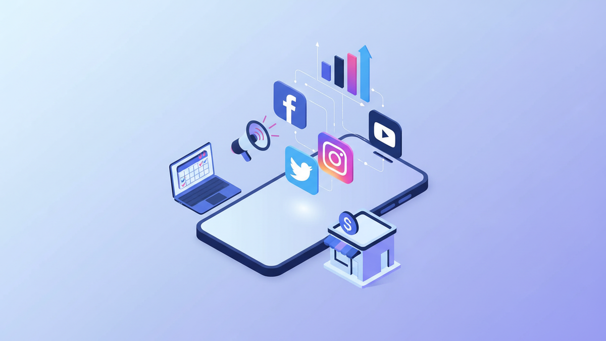 Small business owner managing social media with a weekly content calendar, scheduling tool, and analytics dashboard