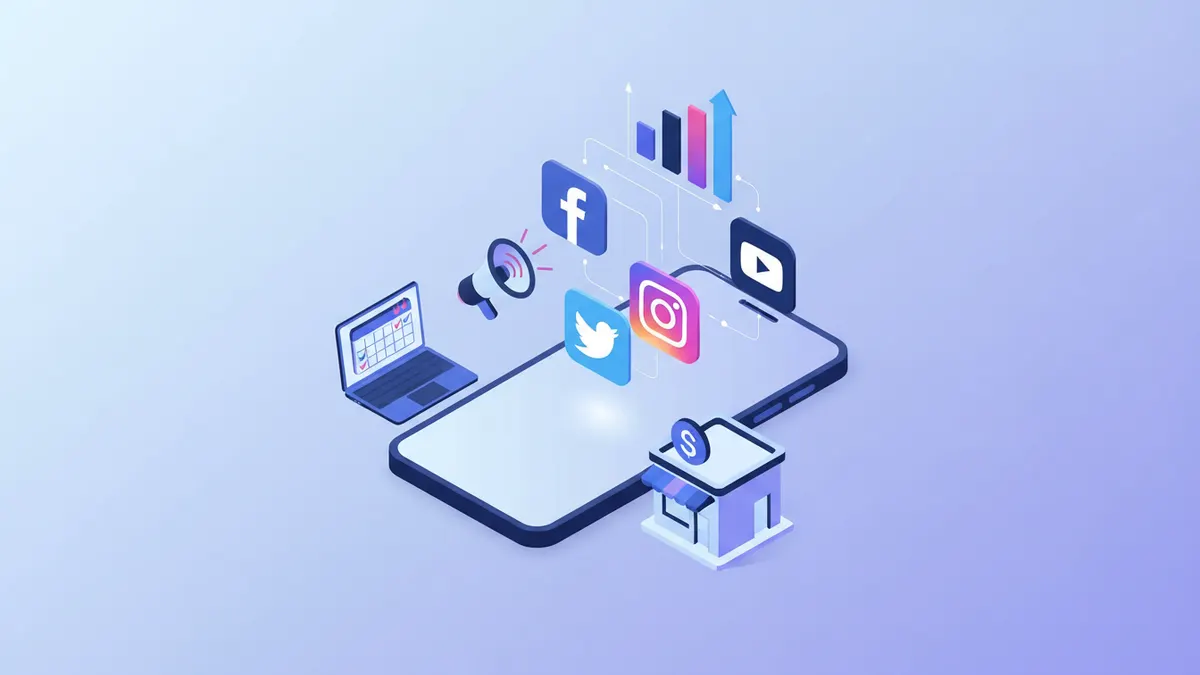 Small business owner managing social media with a weekly content calendar, scheduling tool, and analytics dashboard