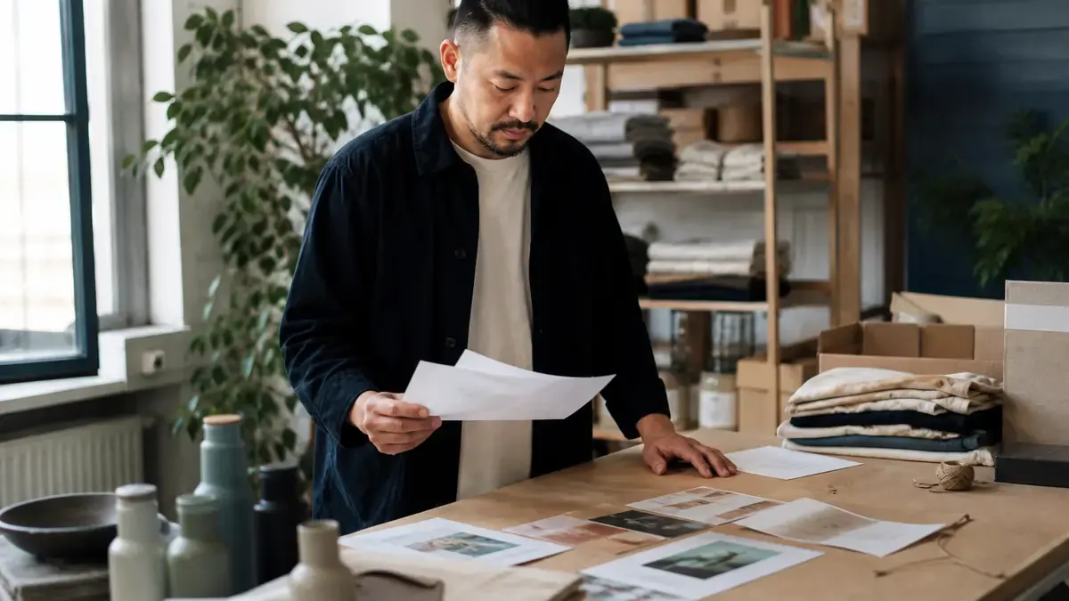 Merchant reviewing printed campaign budget notes and product sample cards at a sunlit packing table