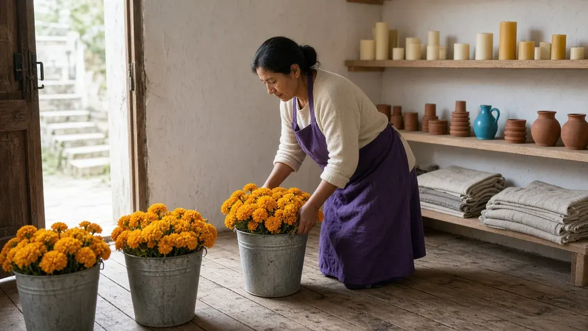 Shop owner in a violet linen apron and cream sweater setting a galvanized bucket of orange cempasúchil marigolds on the wooden floor of a small home goods shop, beside two more buckets of marigolds, with beeswax candles, terracotta holders, a cyan-blue jug, and folded linen on the shelves behind her