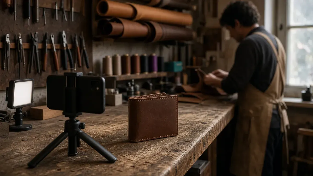 Smartphone on a small tabletop tripod, seen from behind, filming a brown leather bifold wallet standing on a worn wooden workbench in a leather workshop, a small LED light panel on the left, rolls of leather and hand tools on the wall behind, and a maker in a canvas apron cutting leather out of focus at the far end of the bench beside a daylit window