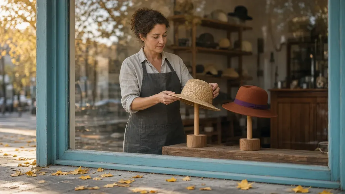 Hat shop owner in a charcoal canvas apron, seen from the sidewalk through a shop window with a cyan-blue frame, lifting a woven straw hat off a display stand beside a rust-brown felt hat, with yellow autumn leaves on the pavement