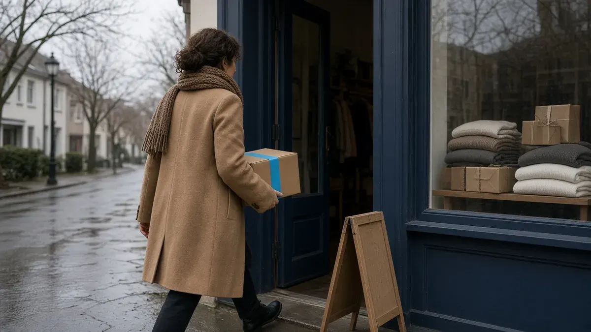 Woman in a camel wool coat and knitted scarf, seen from behind, carrying a flat cardboard parcel with a strip of blue tape toward the open navy door of a small boutique on an overcast winter street, folded sweaters and wrapped gift boxes in the shop window