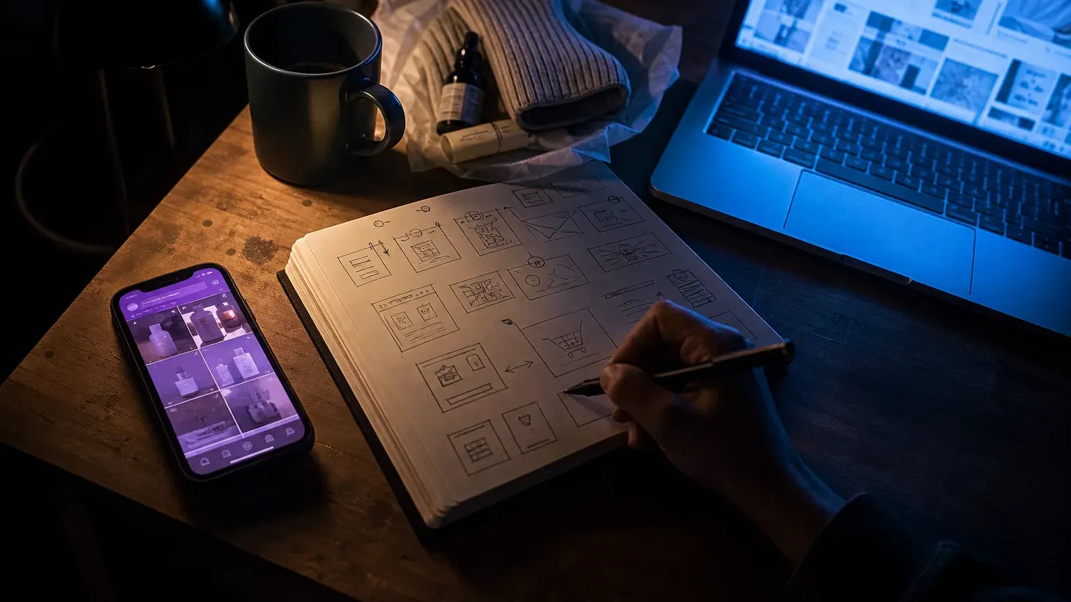 Shopify merchant sketching social media content ideas beside a laptop and phone