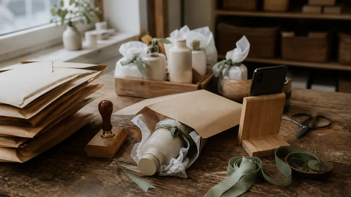 Kraft mailers, tissue-wrapped ceramic bottles, and a phone on a wooden stand on a sunlit packing bench