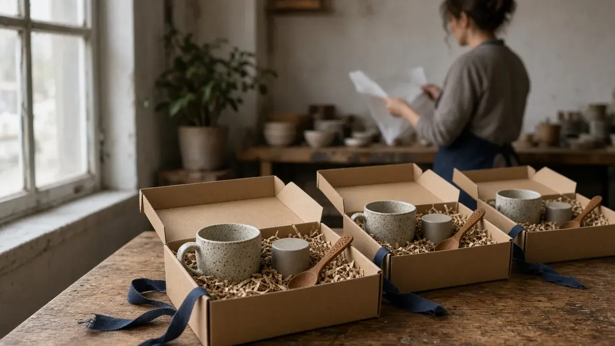 Three open kraft gift boxes on a ceramics studio workbench, each holding a speckled mug, a plain tea tin, and a wooden spoon, with a maker folding tissue in the background