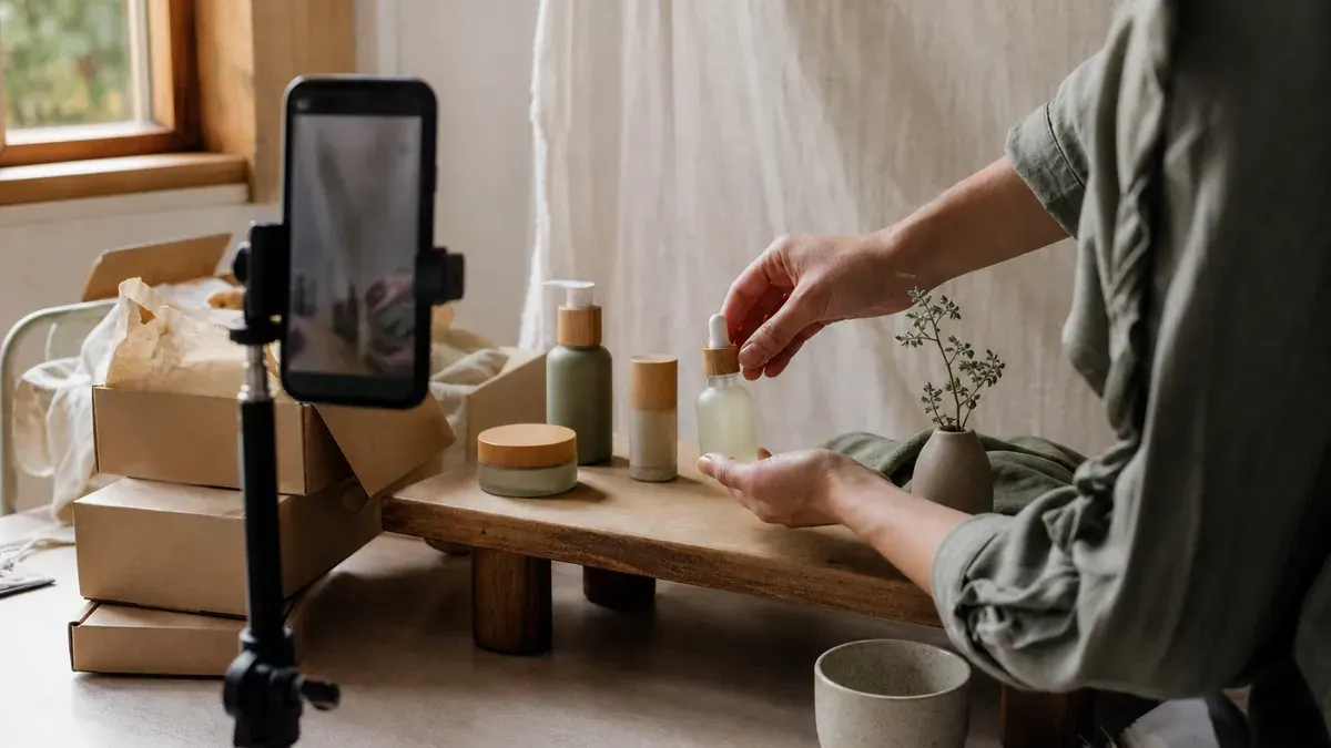 Ceramic product bottles and kraft boxes on a wood table with a phone on a clamp stand ready to film a Shorts demo
