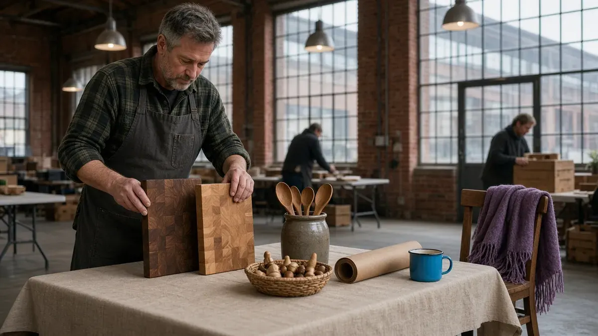 Woodworker with a short graying beard, wearing a charcoal canvas apron over a green plaid flannel shirt, standing walnut and maple end-grain cutting boards upright on a linen-covered market table, beside a stoneware crock of wooden spoons, a woven basket of small turned wooden ornaments, a roll of kraft paper, and a cyan-blue enamel mug, with a violet wool throw on a chair and two other vendors setting up tables under tall steel-framed windows in a brick market hall