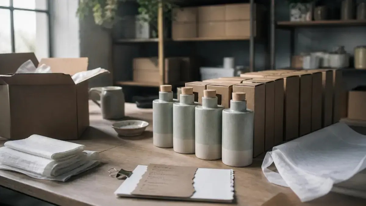 Ceramic bottles and kraft shipping boxes staged on a packing table for a Shopify product launch
