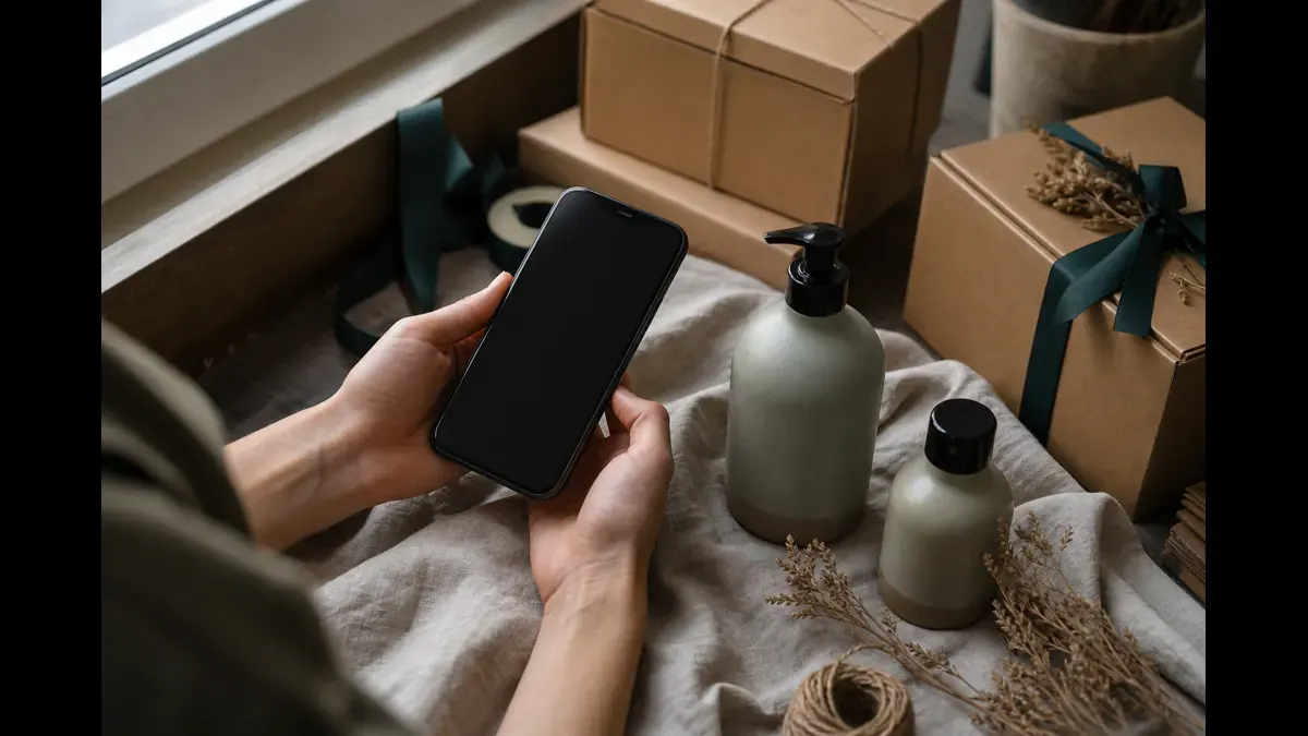 Merchant hands holding a blank phone beside ceramic bottles, kraft gift boxes, twine, and dried botanicals on linen in soft window light
