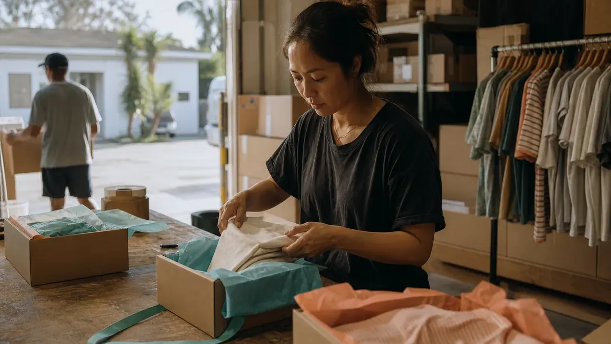 Shopify merchant packing apparel orders at a sunlit warehouse table before a holiday sale weekend