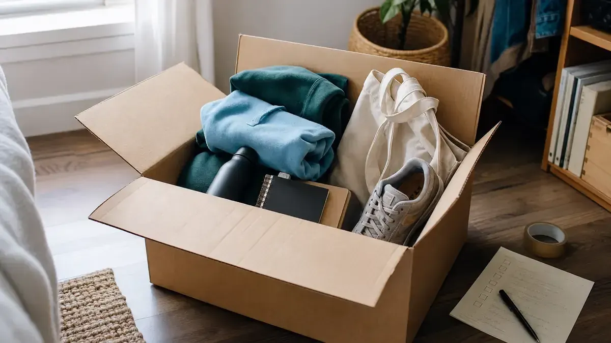 Open packing box with hoodies, notebooks, a water bottle, canvas tote, and sneaker on a wood floor beside a checklist and packing tape