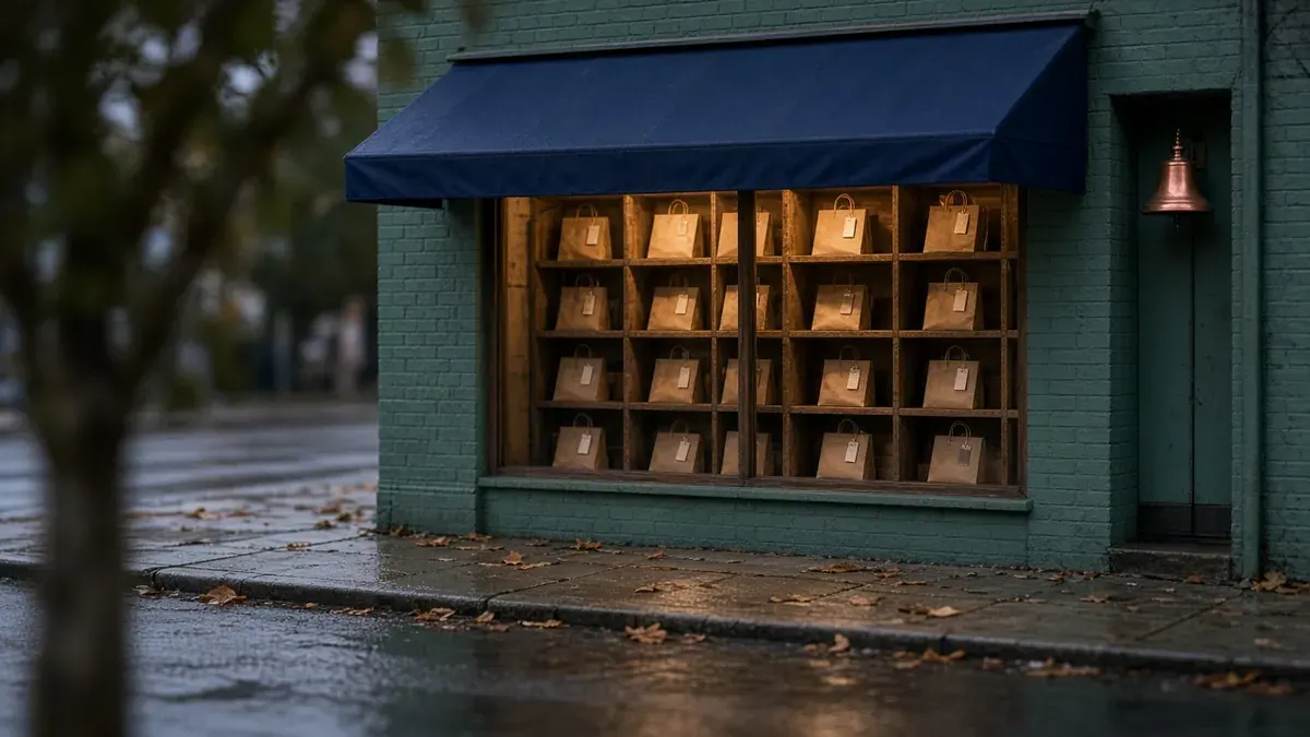 Rain-dark sidewalk and navy awning outside a small shop whose window shows a wooden cubby wall of kraft pickup bags and a copper door bell