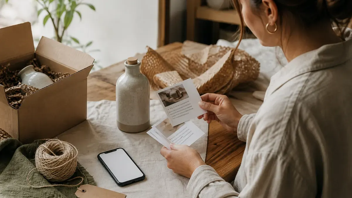 Merchant reviewing printed customer review cards beside ceramic bottles, kraft packing materials, twine, and a blank phone on a linen-covered table
