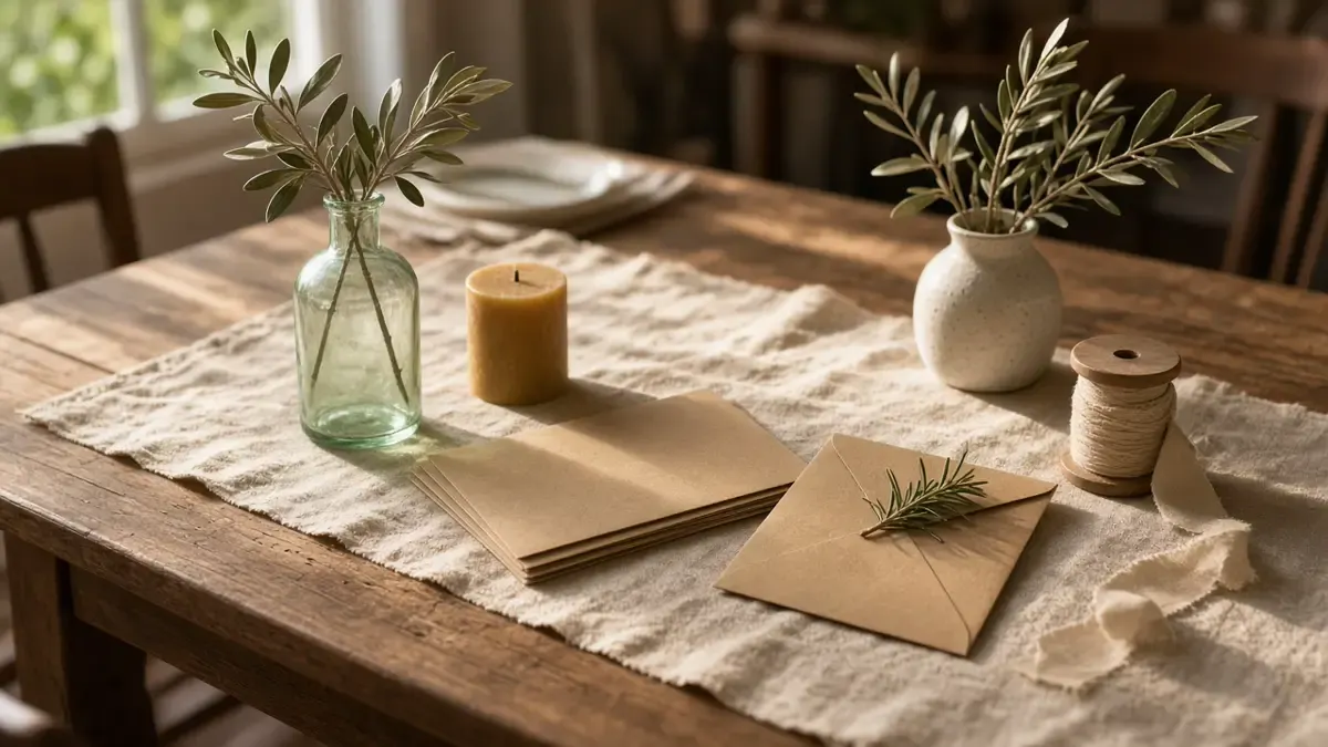Sunlit dining table with blank kraft envelopes, rosemary, olive branches, a beeswax candle, and a cotton ribbon spool