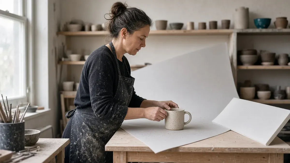 Potter in a clay-dusted black apron placing a speckled stoneware mug on a curved white paper sweep backdrop on a plywood worktable in a ceramics studio, a white foam board reflector leaning beside it, shelves of unglazed pots and one teal bowl behind, soft daylight from a window on the left
