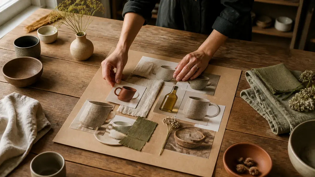 Hands arranging ceramic mug prints, linen swatches, and a dried flower into a kraft-paper collage on a warm oak studio table