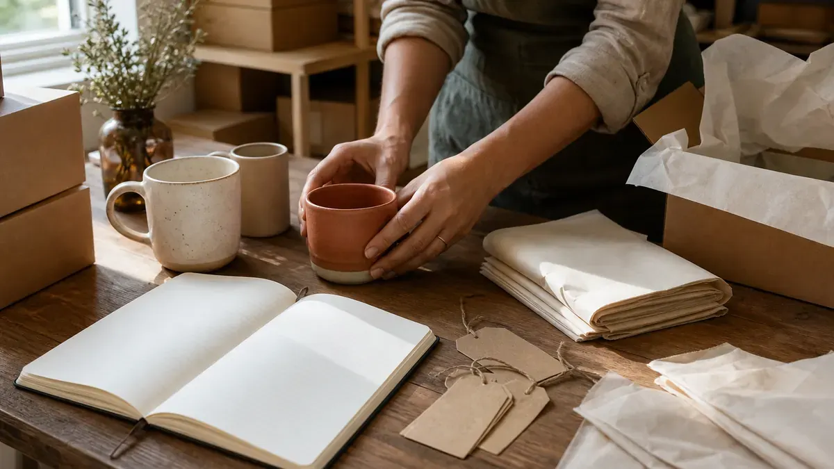 Hands arranging ceramic mug samples, kraft tags, and a blank research notebook beside shipping supplies on a sunlit packing table
