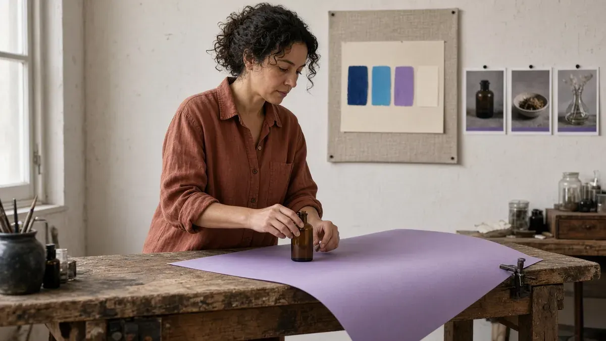Fragrance maker in a rust linen shirt setting an amber glass bottle on a violet paper backdrop at a worn workbench, with navy, cyan-blue, violet, and cream paint swatches and three matching photo prints pinned on the wall behind her