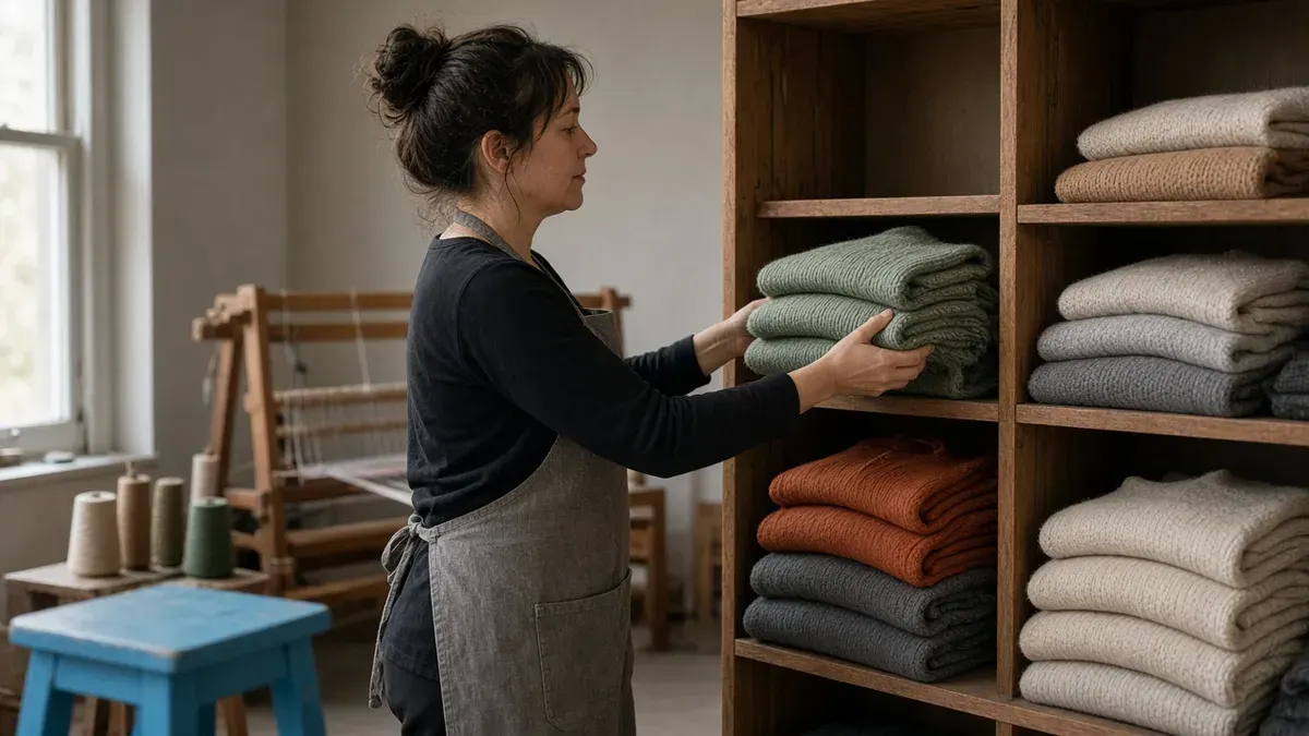 Maker in a grey work apron placing a stack of folded sage-green knitted sweaters into a cubby of a tall wooden shelving unit full of folded knitwear in rust, charcoal, grey, and cream, in a small textile studio with soft daylight from a window on the left, a wooden hand loom and cones of yarn in the background, and a cyan-blue wooden stool in the foreground