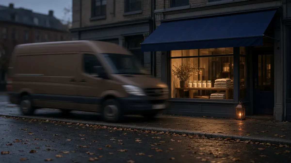 Dusk street scene with a large plain brown delivery van blurred in the foreground and a small independent shop behind it, its warm window showing candles and folded textiles under a navy awning