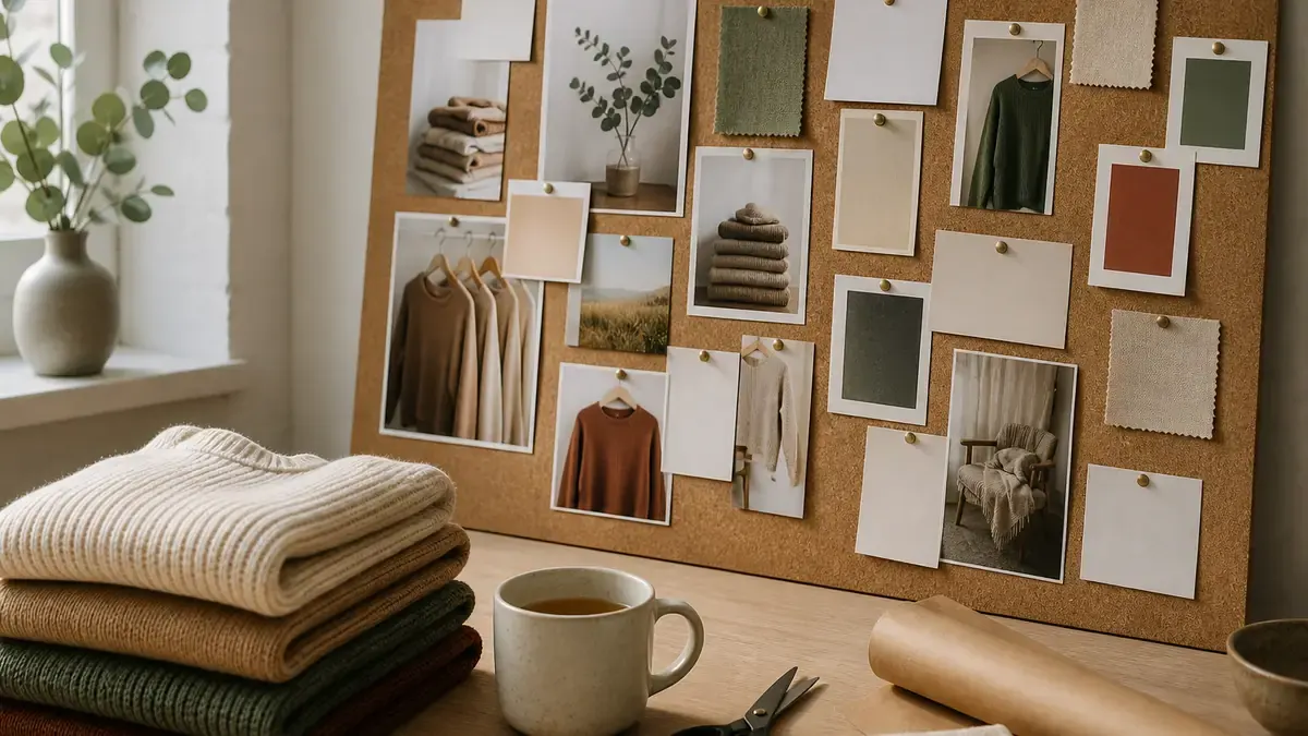 Cork mood board with product photos and fabric swatches beside folded knits and kraft paper on a pale oak studio table