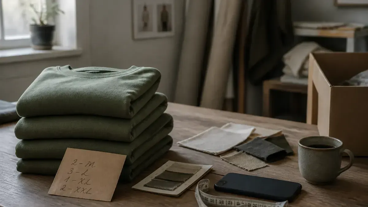 Folded sage sweaters, fabric swatches, measuring tape, and a face-down phone on a wooden worktable in soft morning light