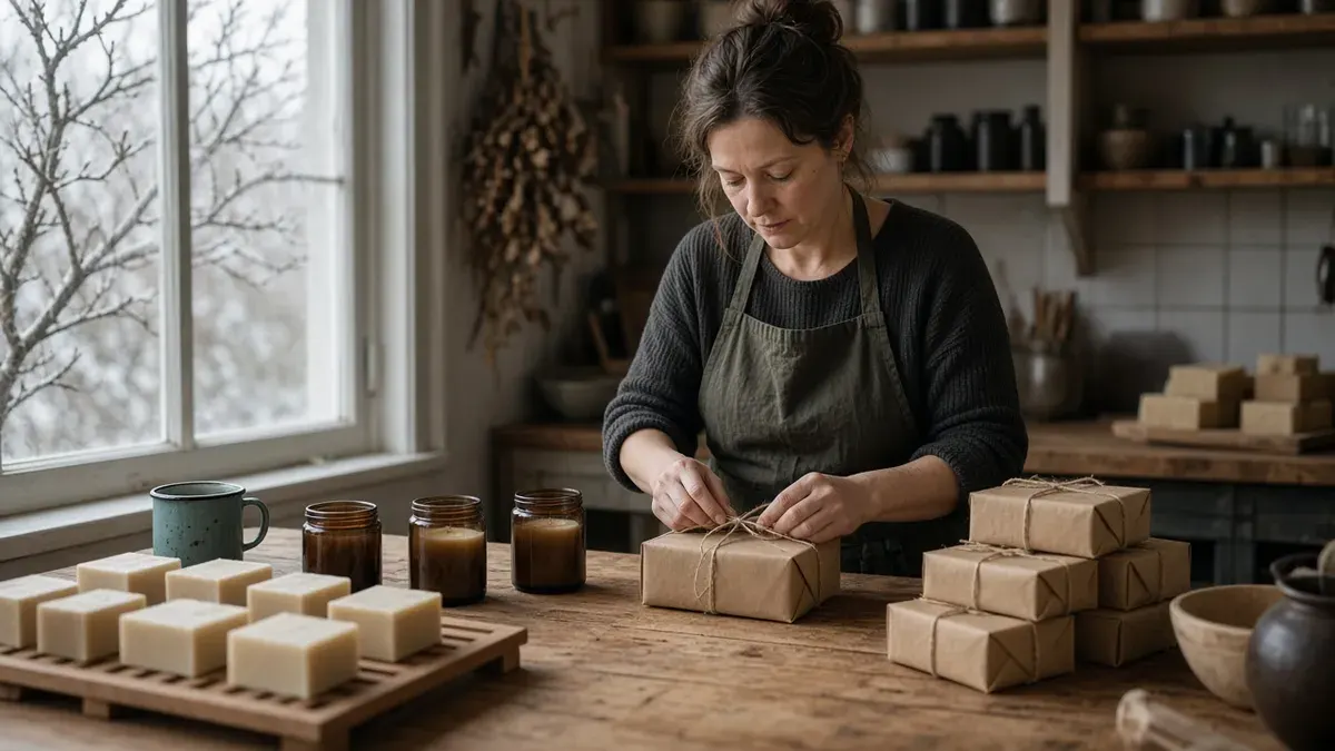 Soap maker in an apron tying twine around a kraft parcel at a butcher-block counter beside stacked orders, amber candle jars, and bars of soap on a drying rack