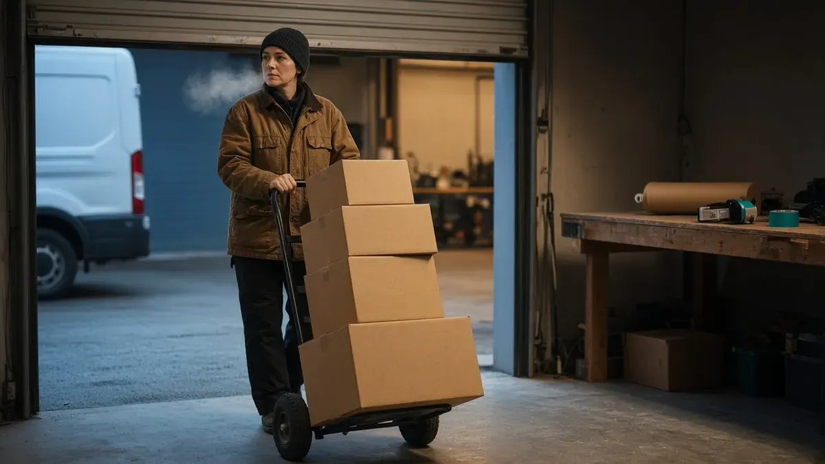 Woman in a knit beanie and canvas work jacket steadying a hand truck stacked with plain kraft parcels at a half-open loading door on a cold morning, a white delivery van waiting outside