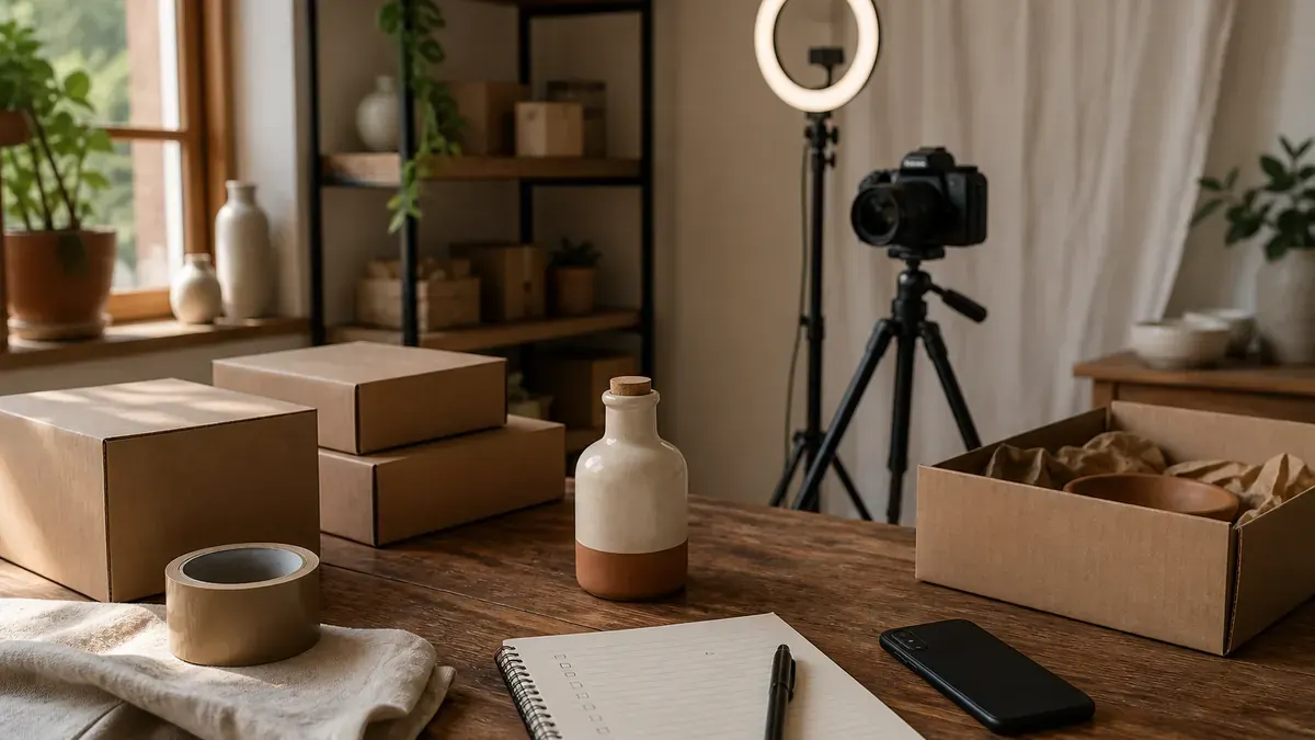 Merchant packing table with ceramic product bottle, kraft boxes, checklist notebook, camera on a tripod, and soft window light