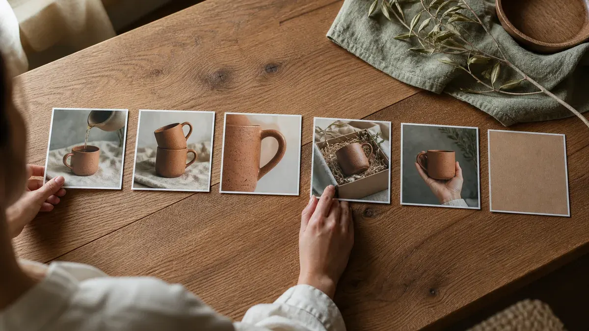 Hands arranging six square product photo prints of a terracotta mug in a left-to-right carousel sequence on a warm oak table