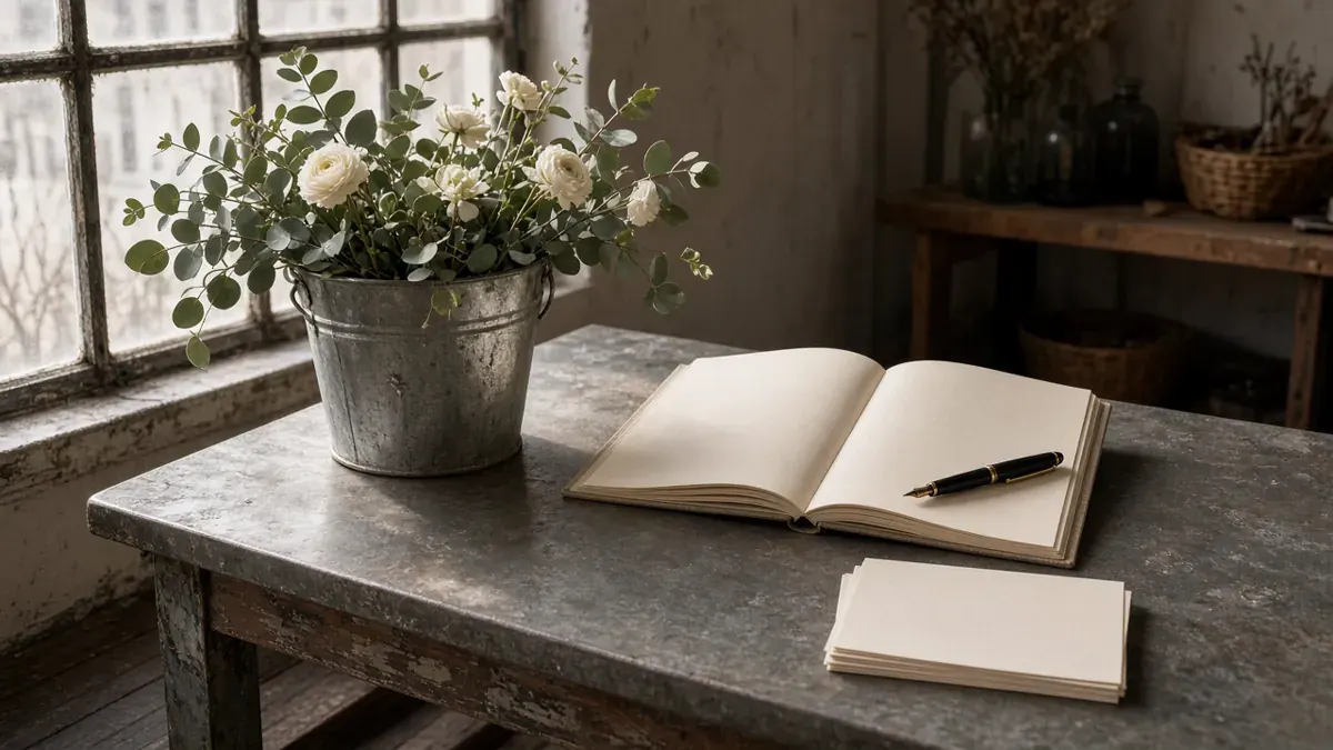 Zinc florist table with a galvanized bucket of eucalyptus and white ranunculus, an open blank guest book, a fountain pen, and a stack of blank cream cards