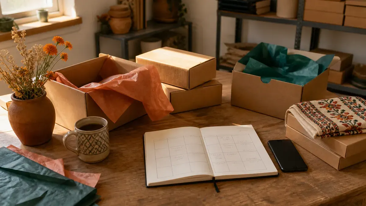 Shopify packing table with kraft boxes, terracotta and teal tissue, a patterned ceramic mug, dried flowers, and a blank six-week calendar sketch