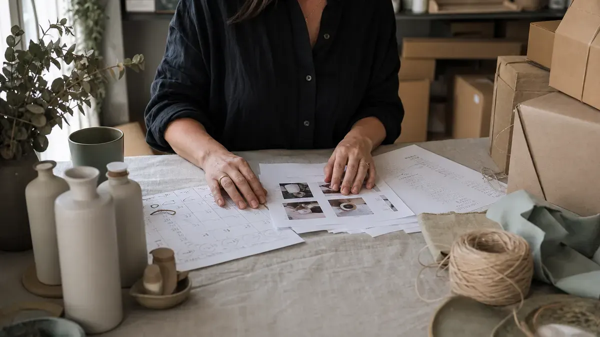 Merchant reviewing printed score sheets and a circled calendar beside ceramic bottles and kraft shipping boxes on linen